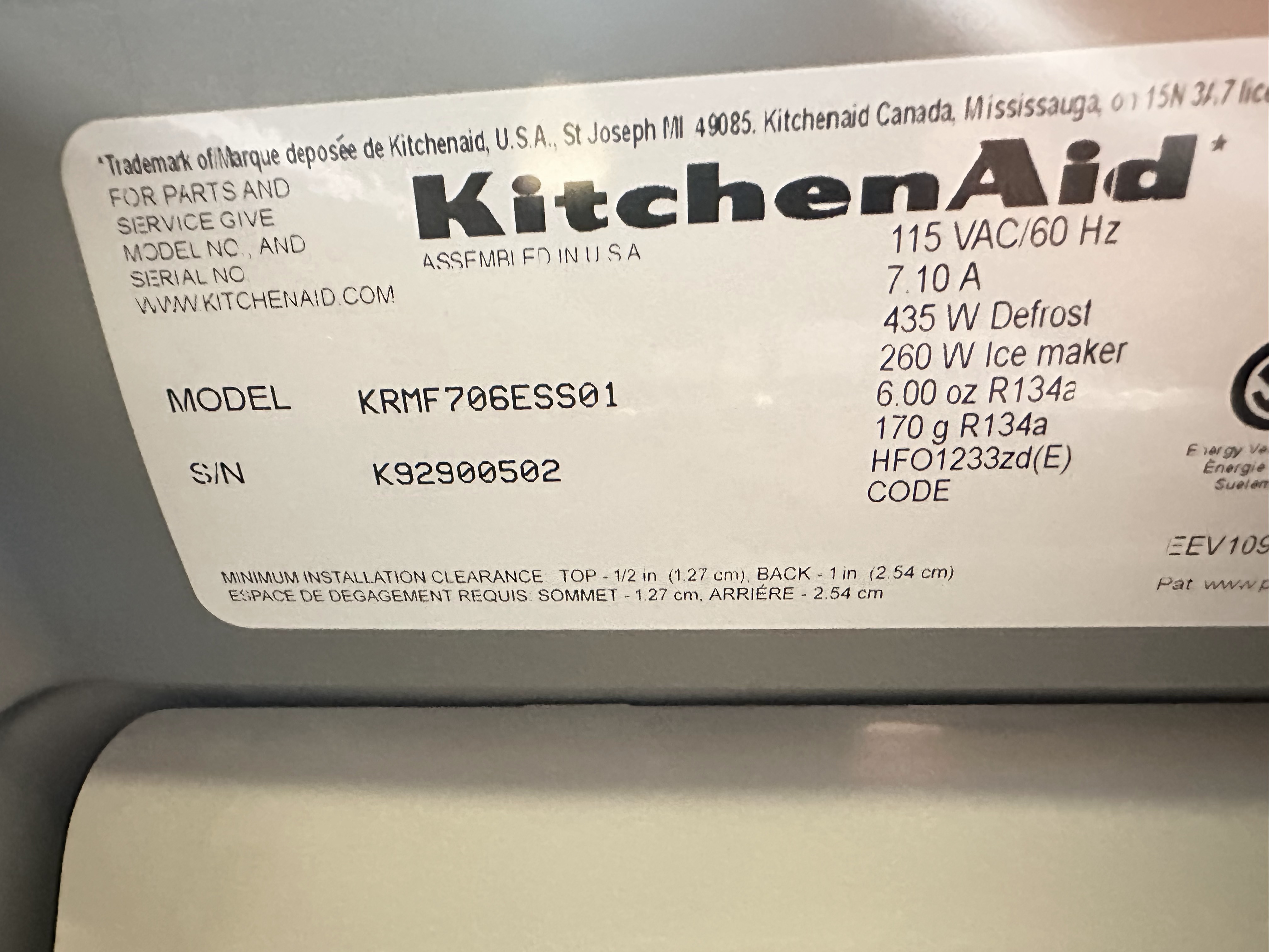 KitchenAid refrigerator model information during freezer cooling diagnostics
