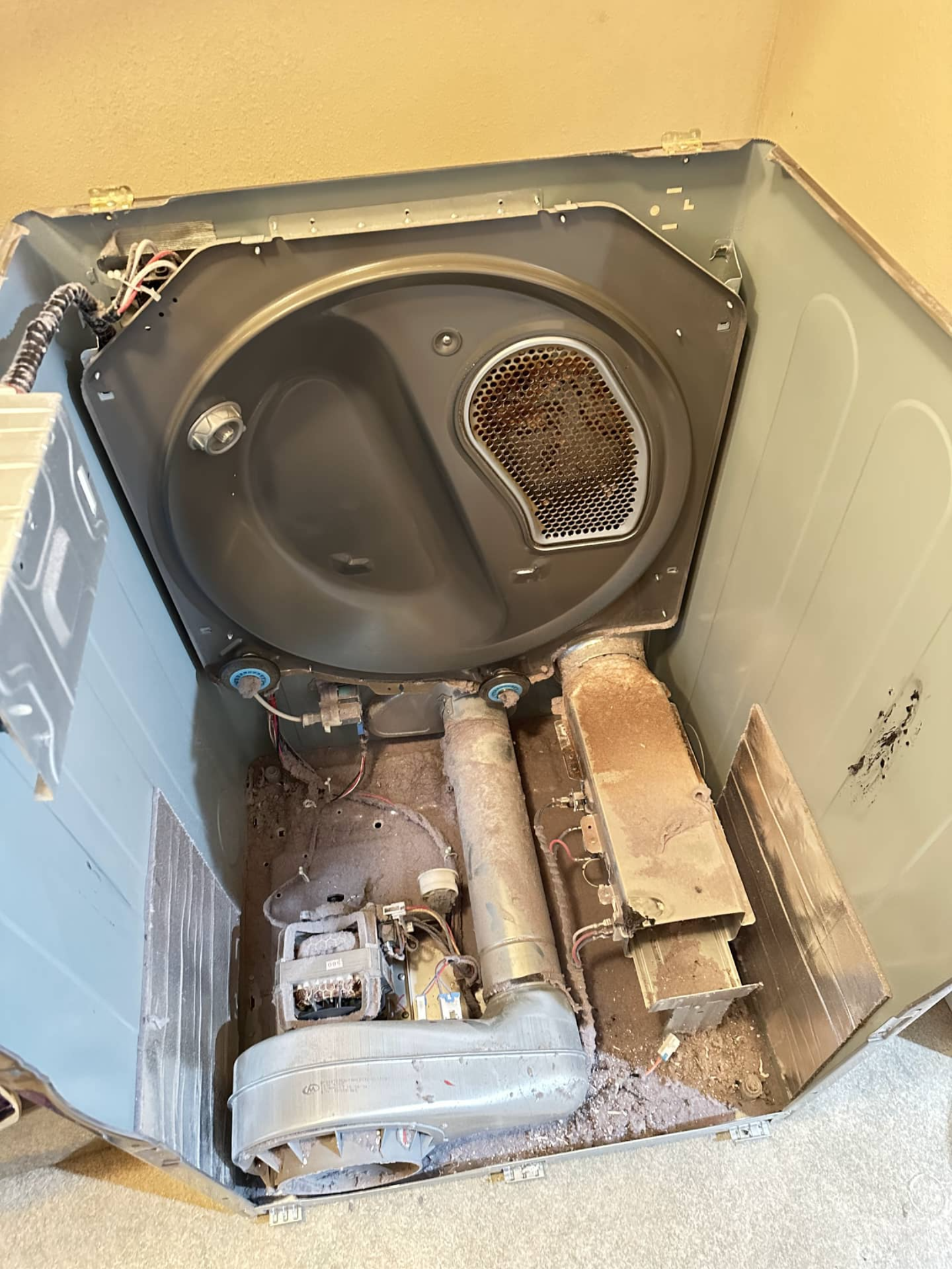 Samsung dryer disassembled for heating system diagnosis in Sammamish, WA