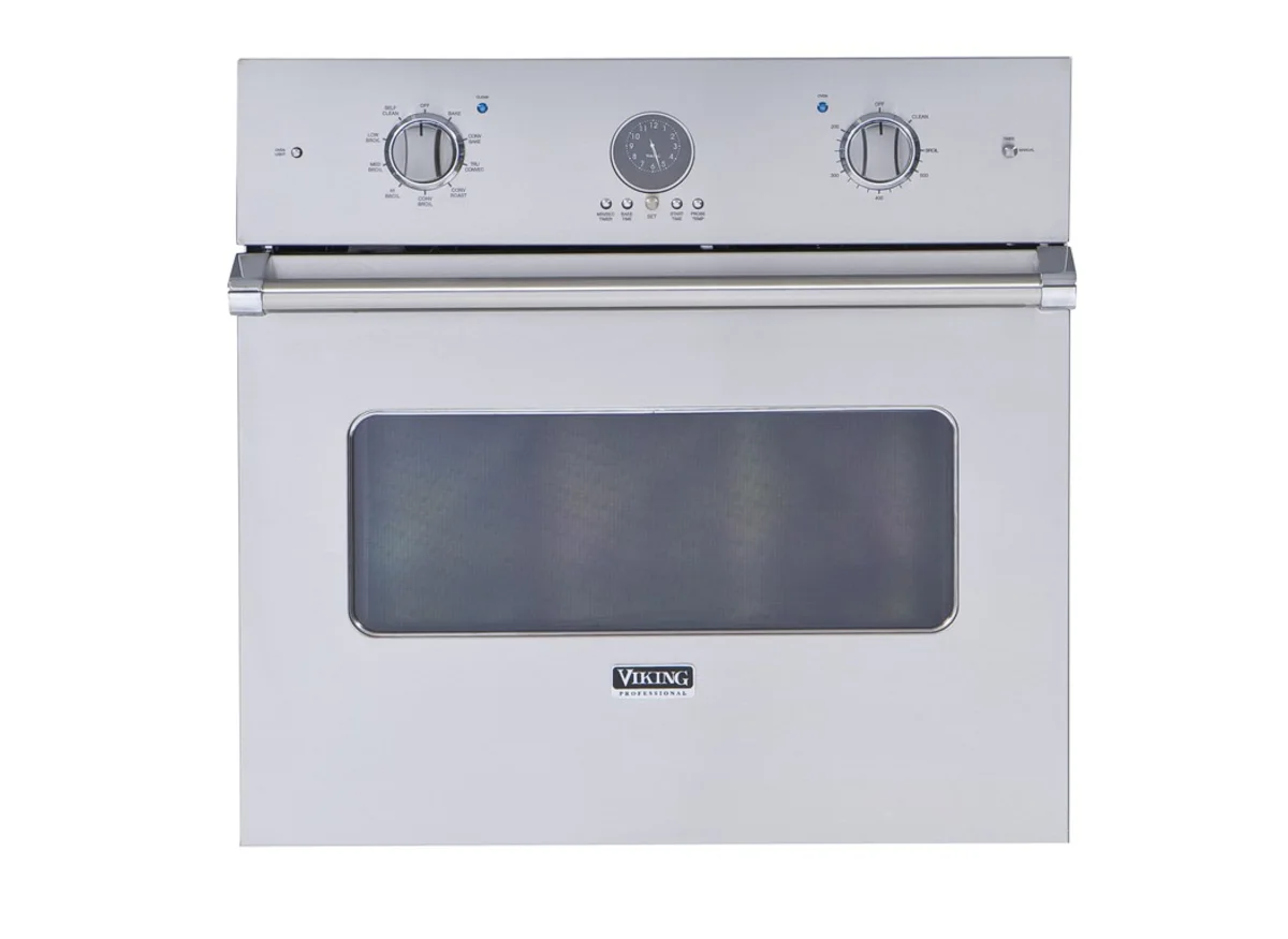 Viking built-in single electric wall oven in stainless steel kitchen cabinet